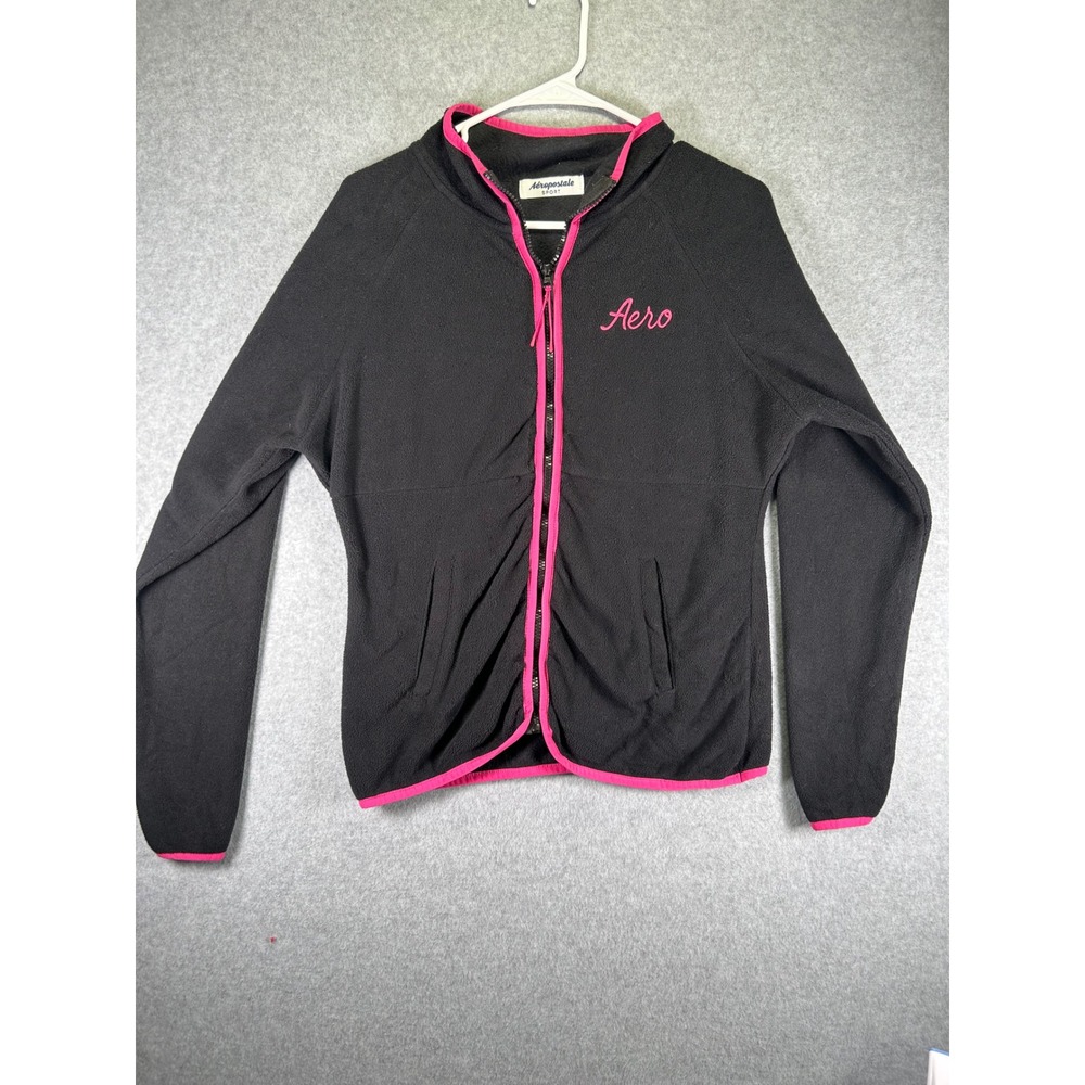 Aeropostale Sport Women Black Pink Fleece Full Zip Jacket Mock Neck Size M